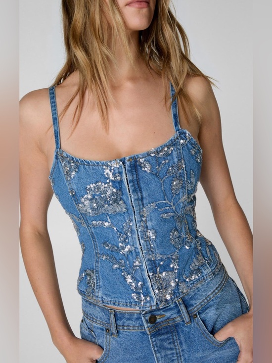 Nasty Gal Tops - Nasty Gal Floral Sequin Denim Corset Camisole in Authentic Denim